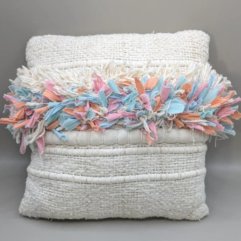 Boho Chunky Textured Woven Throw Pillow Cream Pastel Rag Fringe 10x10